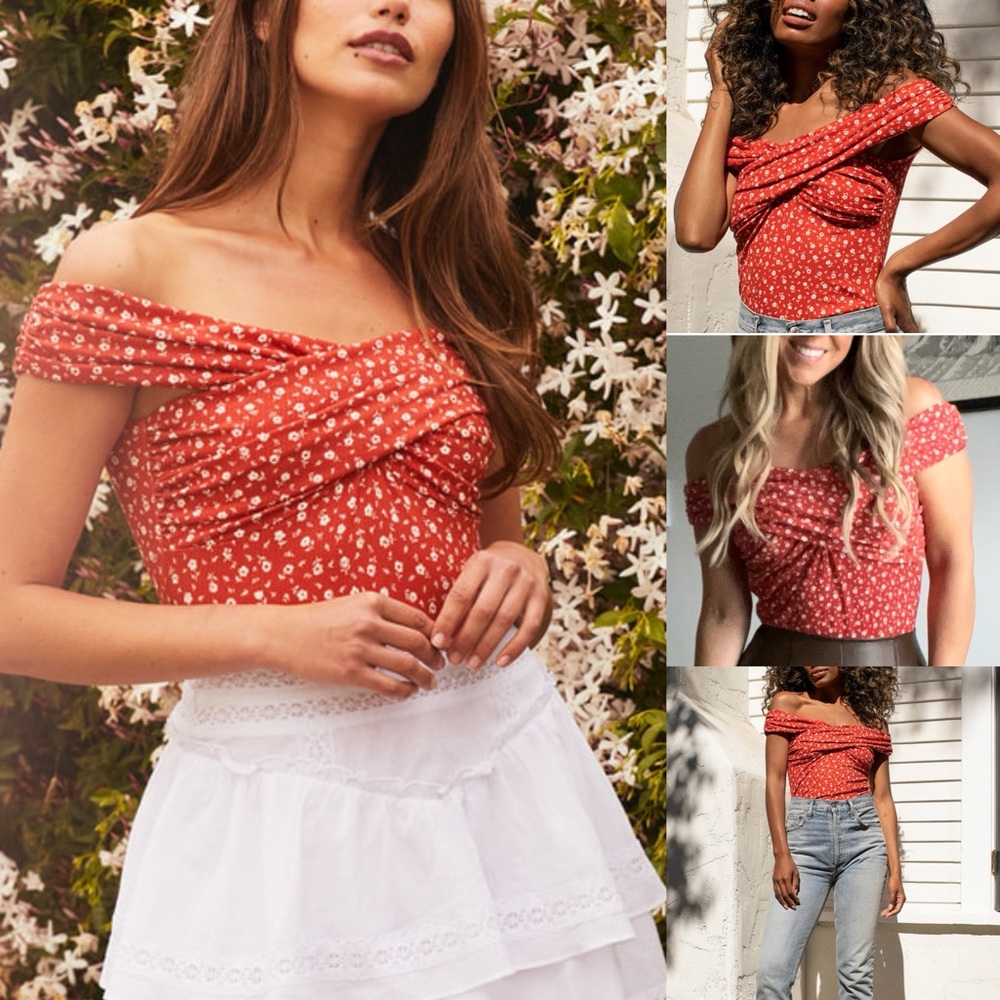 Lulus Blissful Blooms Red Floral Print Off-the-Shoulder Bodysuit‎ size M
